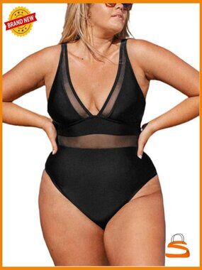 Plus Size One Piece Swimsuit V-Neck Mesh Tummy Control Bathing Suit